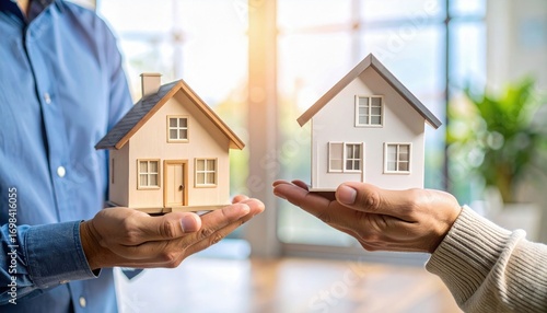 Two people hold miniature houses in their hands, symbolizing real estate investment, choice, or comparison in a bright indoor setting.