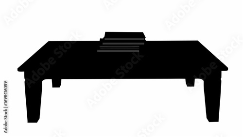 Silhouette of a rectangular table with four legs and a stack of books or papers on the tabletop area