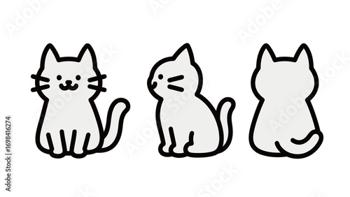 A set of simple, cute, flat vector illustrations of a cat in different poses, including front, side, and back views.