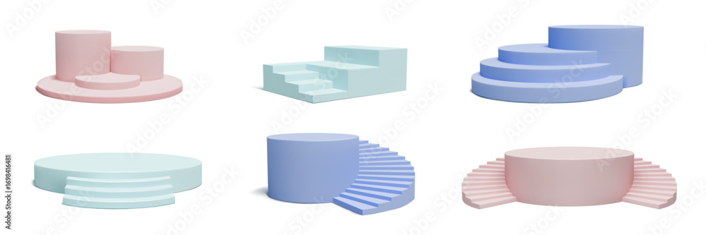 Fototapeta premium 3d stairs. Podium product presentation background, platform stand or staircase, empty step, stage exhibition cylinder. Abstract studio display, showcase geometric pedestal vector isolated set