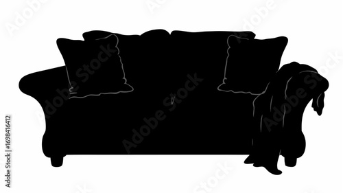 Silhouette of a loveseat with two pillows and a draped throw blanket against a white background design