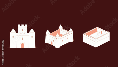 A set of simple, flat vector illustrations of a medieval castle, featuring a front view, a 3/4 view, and a top-down view of the building.