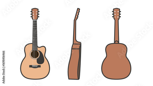 A set of simple, flat vector illustrations of an acoustic guitar, showcasing its front, side, and back profiles on a clean white background.