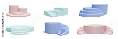 3d stairs. Podium product presentation background, platform stand or staircase, empty step, stage exhibition cylinder. Abstract studio display, showcase geometric pedestal vector isolated set