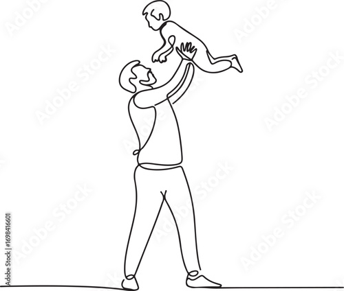 Minimal continuous line art of father lifting child in air abstract family illustration vector