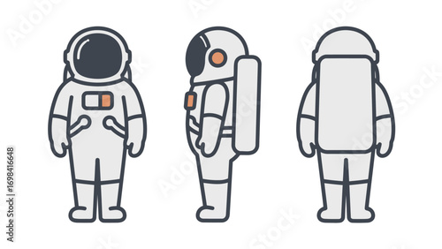 A set of simple, flat vector illustrations of an astronaut, showcasing a front, side, and back view of the space suit.