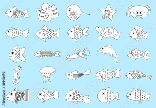 Fish set. Coloring book isolated elements. Cute starfish, funny octopus and squid. Tropical aquatic underwater creature. Sea goldfish, swimming animals, ocean wildlife, undersea vector set