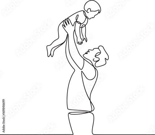 Minimal continuous line art of father lifting child in air abstract family illustration vector