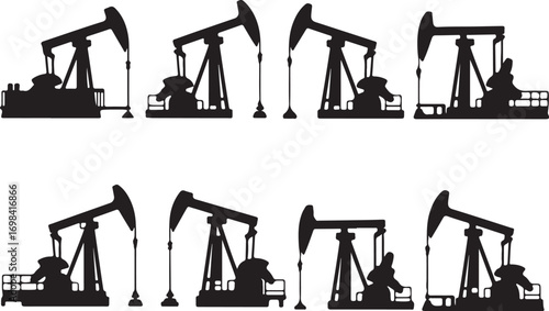 Silhouette Oil Pump Jack Collection Industrial Petroleum Extraction Energy Production Icon Set on Transparent Background