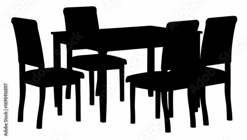 A silhouette of a dining room set featuring a rectangular table and four chairs arranged around it neatly