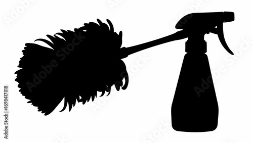 Silhouette of a spray bottle with trigger and a duster attached to the bottle for cleaning purposes