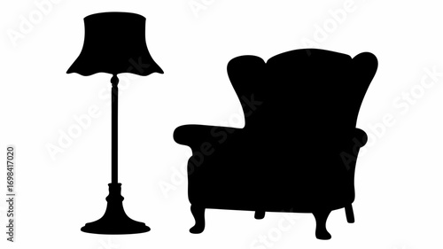 Silhouette illustration of a floor lamp with shade and a wingback armchair on a white background