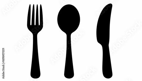 An image showing a black fork spoon and knife arranged side by side on a white background in a simple style silhouette