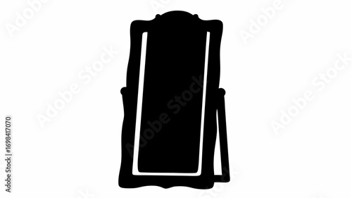 Silhouette of an ornate full length mirror with a decorative frame and supporting easel in black color