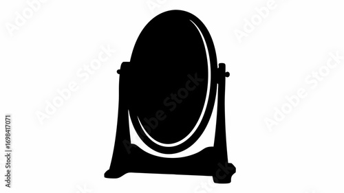 Silhouette of an oval shaped vanity mirror with a stand and adjustment knobs on a white background