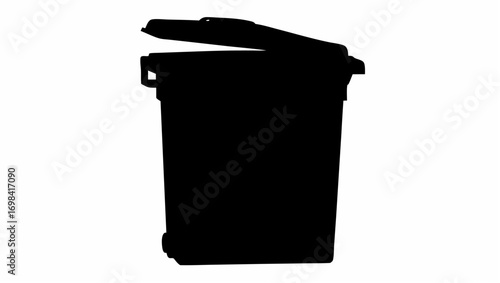 Silhouette of a large black trash can with a slightly open lid and wheels on a white background space