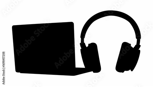 A silhouette of a laptop computer with the screen open and a pair of headphones standing next to it