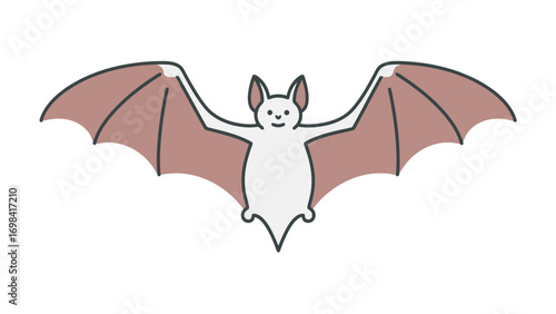 A simple, flat vector illustration of a flying bat with its wings spread out, captured from a front perspective on a white background.
