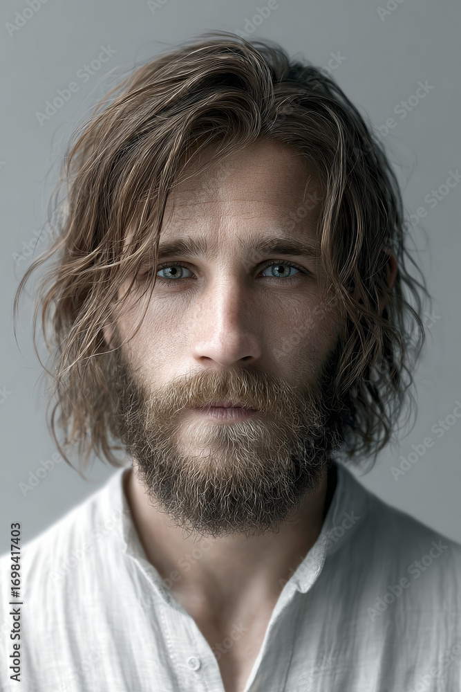 Fototapeta premium Cinematic close up portrait of serious young caucasian man with beard