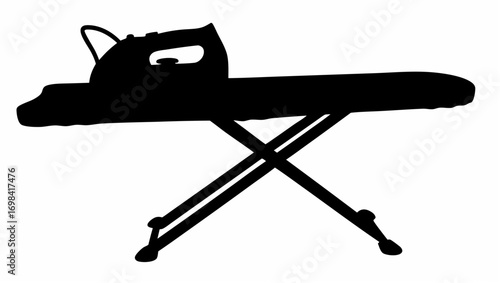 Silhouette of an iron resting on an ironing board with a foldable metal frame against a white background