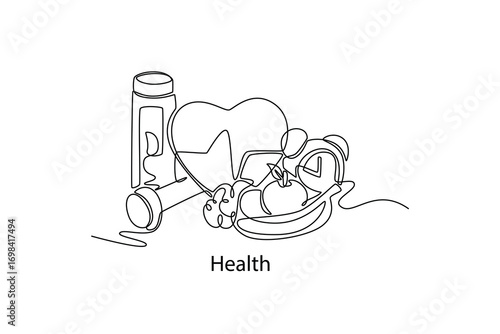 Health. School Subjects concept. Single line draw design. Vector graphic illustration