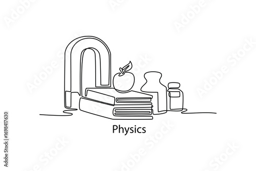 Physics. School Subjects concept. Single line draw design. Vector graphic illustration