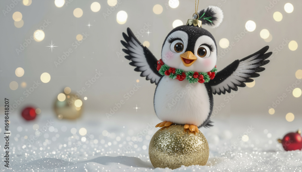 Obraz premium Festive Penguin Ornament with Wreath and Golden Ball Joyful penguin ornament with holiday wreath, standing on a glittery gold ball. Perfect for winter greeting cards, festive decor, and seasonal print