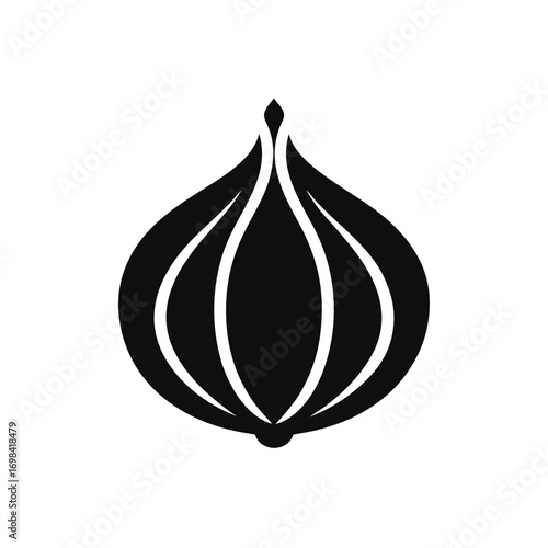 Stylized black onion with white outlines on transparent background silhouette