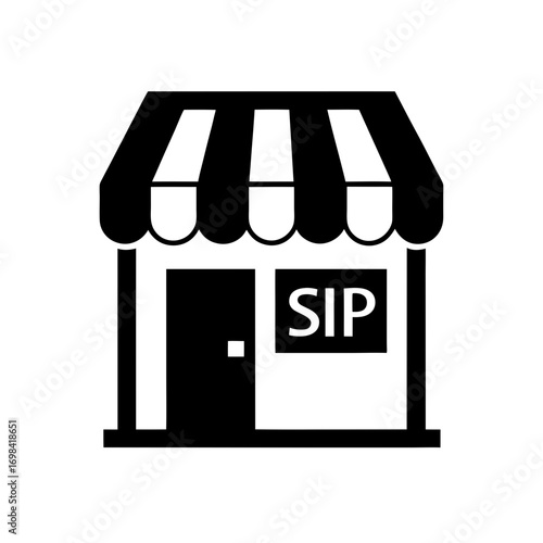 Black and white store front with awning sip on transparent background silhouette