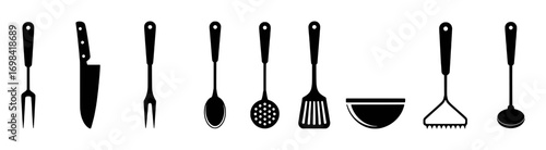Collection of Black Kitchen Utensil Icons on White Background