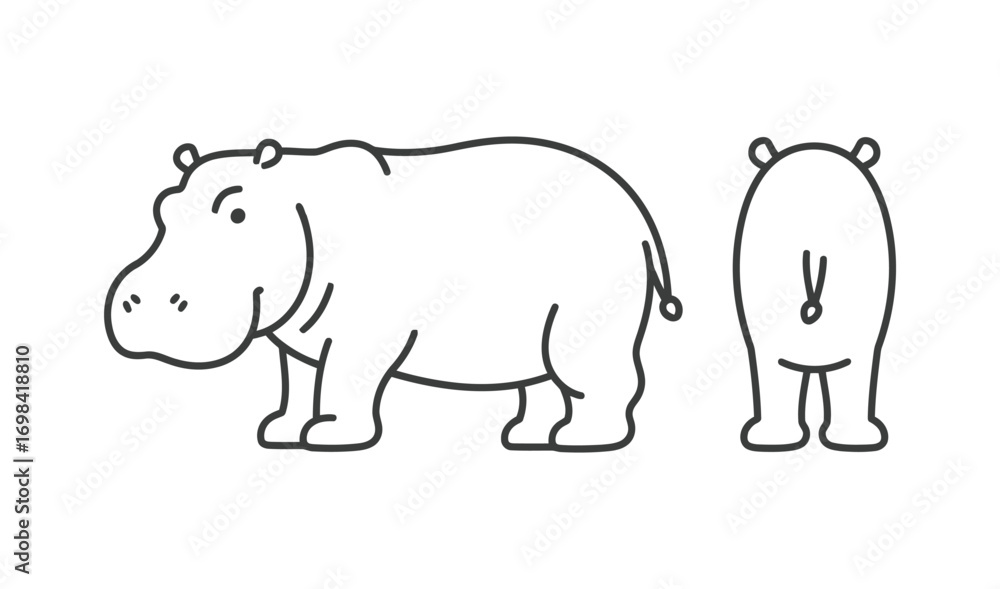 Obraz premium Line Art Hippopotamus from Side and Back View for Nature and Wildlife Illustrations