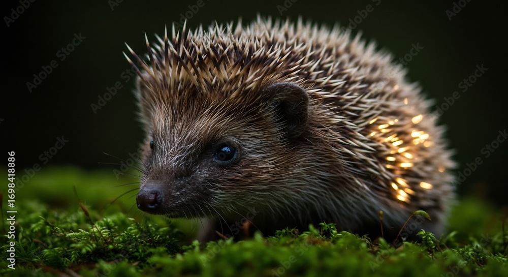 Fototapeta premium 小さなハリネズミ 柔らかな光に包まれ輝く夜 (Chiisana harinezumi yawarakana hikari ni tsutsumare kagayaku yoru) This translates roughly to: 