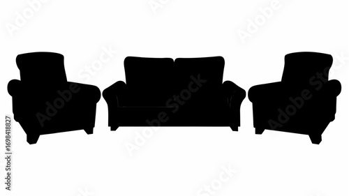 Silhouette of a loveseat and two armchairs arranged in a living room setting on a white background