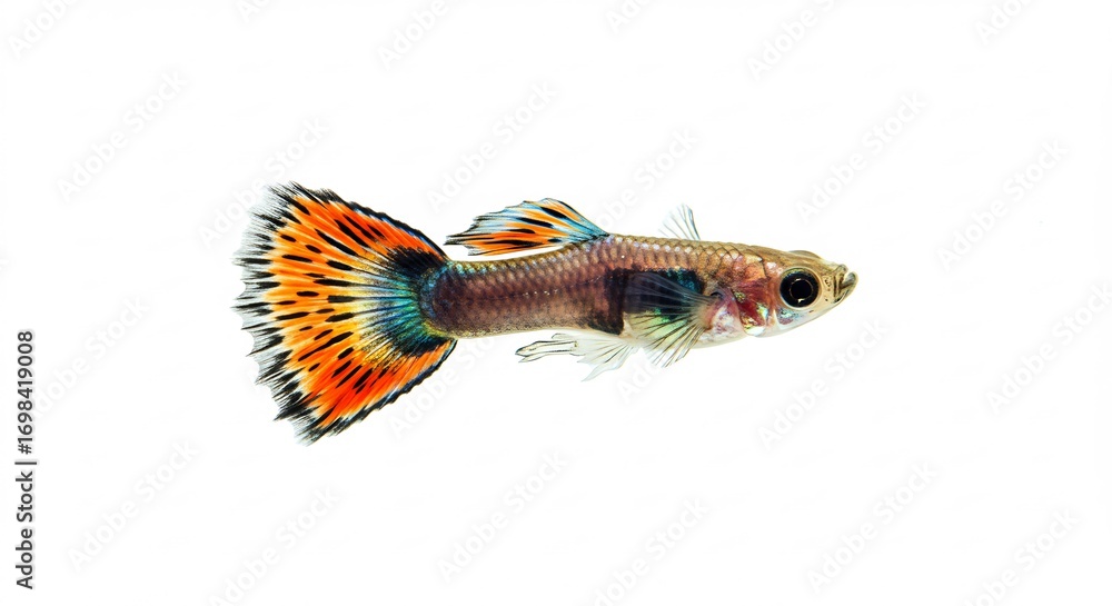 Fototapeta premium 鮮やか虹色 熱帯魚 美しい尾びれ 水中写真 白背景. AI Generated