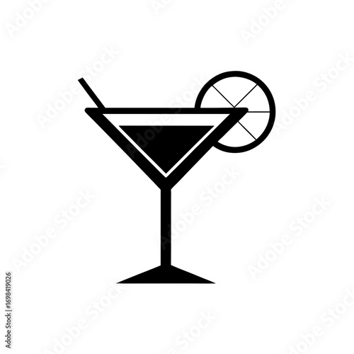 Black cocktail glass with a citrus slice on transparent background silhouette
