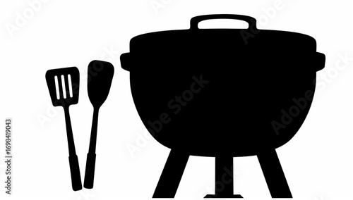Illustration of a black silhouette of a barbecue grill with a spatula and a turner on a white background