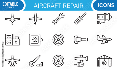 Aviation repair vector illustrations with airplane, propeller, turbine, and compass outline icons