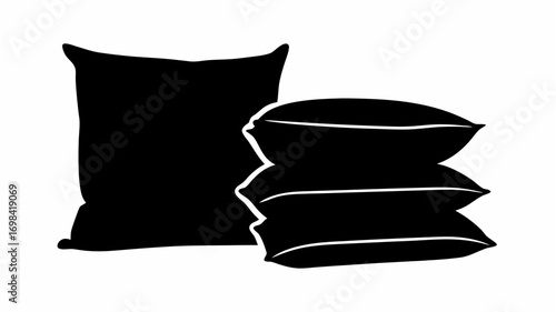 Silhouette of a large square cushion next to a neat stack of three smaller rectangular pillows