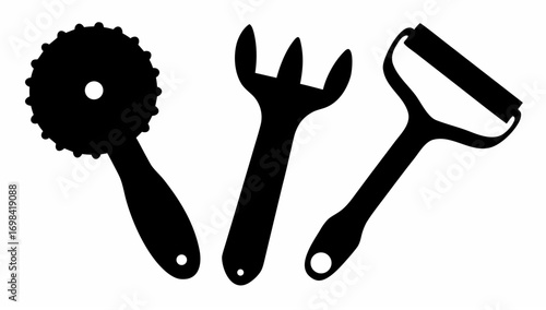 Silhouette of a pastry cutter a trident shaped fork and a vegetable peeler kitchen utensils tools
