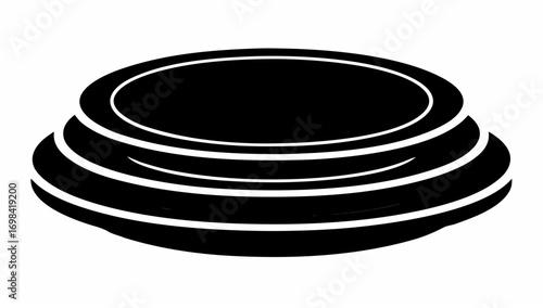 A black and white depiction of a tiered circular structure with multiple layers and a flat top surface silhouette