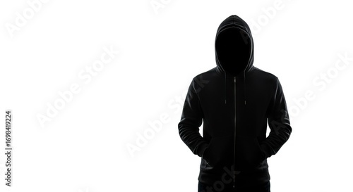 A person in a black hooded sweatshirt with their face obscured by shadow