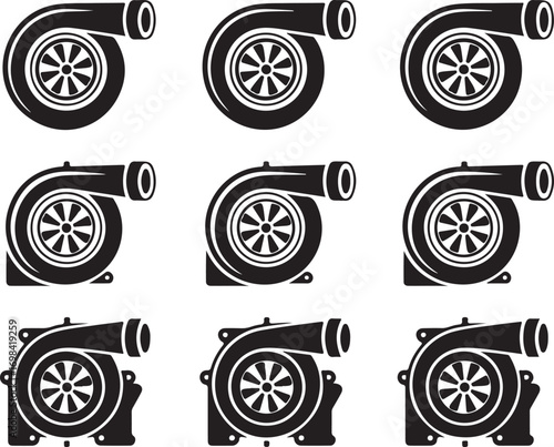 Turbocharger Vector Illustration Set for Automotive Engineering and Performance Enhancement