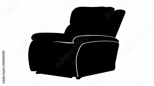 Silhouette of a recliner chair with a high back and padded armrests against a white background plain view