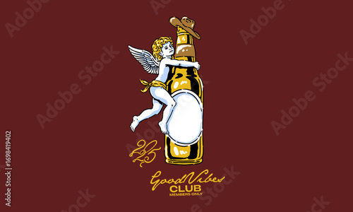 funny illustration of a cowboy angel hugging a beer bottle. Good Vibes Club artwork for a t-shirt