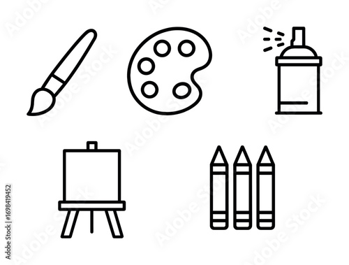 Art tools collection: paintbrush, palette, spray can, easel, and crayons icons