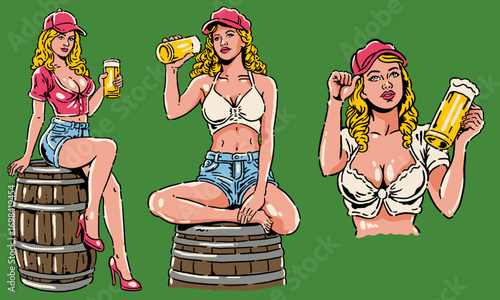set of three vintage pinup girl illustrations with beer. Retro artwork for a t-shirt or sticker set