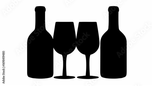 Silhouette of two wine bottles flanking two champagne flutes in a symmetrical arrangement on white background