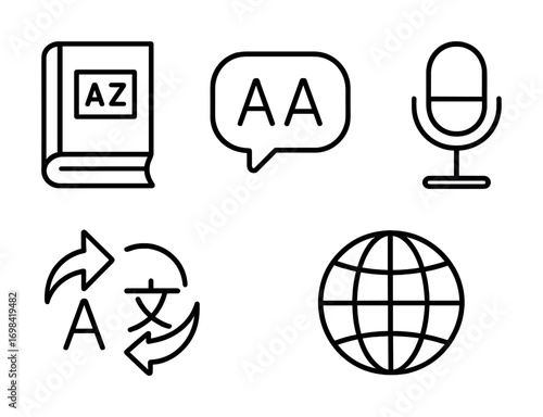 Language and communication icons: book, speech, microphone, translation, globe