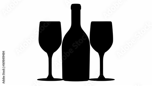 Silhouette of a wine bottle centered between two champagne flutes on a white background in a simple design