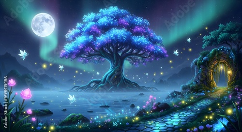 Enchanted Forest Landscape With A Magical Glowing Tree Under The Northern Lights And Full Moon